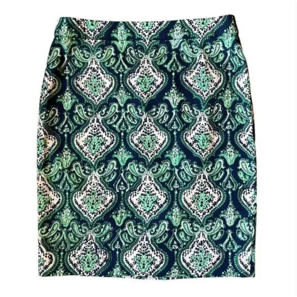 J Crew Paisley Pencil Skirt Women's Size 0 Blue Green Work Cruise Vacation Summe
